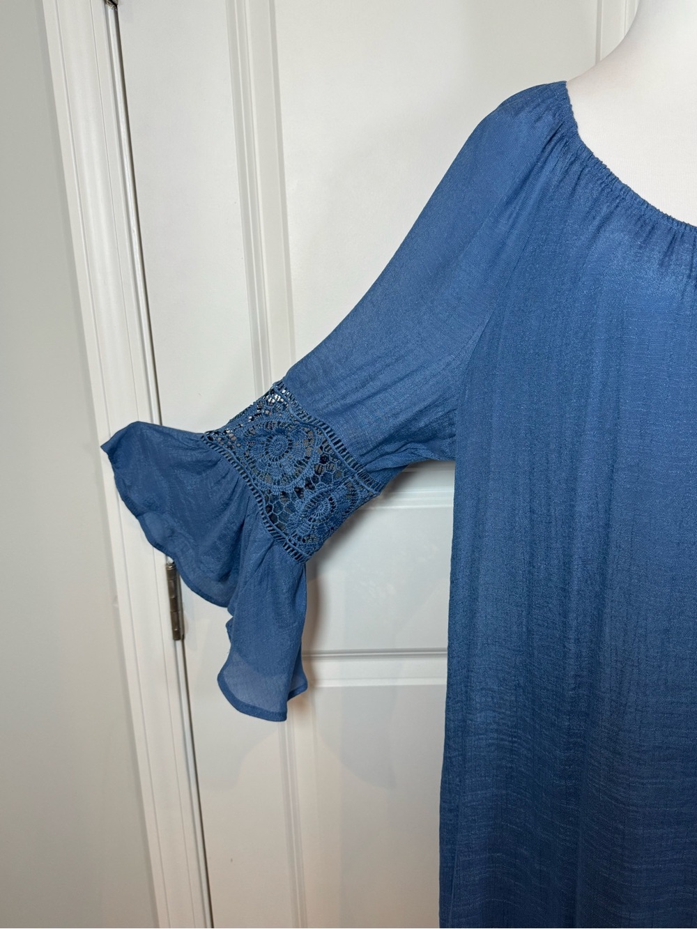 Blue Boho Peasant Beach Resort Coastal Casual Crochet Bell Sleeve Tunic Dress 2X - Picture 2 of 8